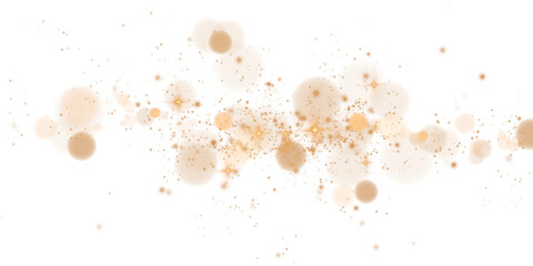 Glowing golden bokeh circles. Christmas background. Powder. Magic shining gold dust. Fine, shiny dust bokeh particles fall off slightly. Fantastic shimmer effect. PNG.
