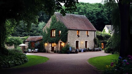 Charming Stone Cottage Surrounded by Lush Greenery at Dusk
