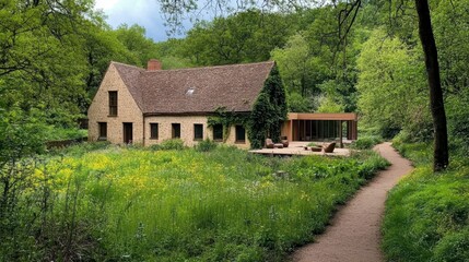 Obraz premium Serene Modern House Surrounded by Vibrant Green Nature Landscape