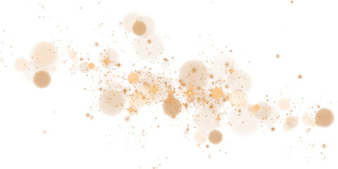 Glowing golden bokeh circles. Christmas background. Powder. Magic shining gold dust. Fine, shiny dust bokeh particles fall off slightly. Fantastic shimmer effect. PNG.
