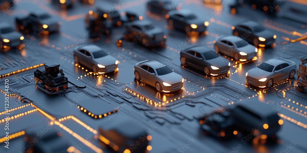 Poster digital carpooling concept with multiple vehicles on circuit board