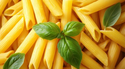 Cooked penne pasta in a vibrant yellow color is beautifully arranged with fresh green basil leaves, creating an inviting dish perfect for any occasion