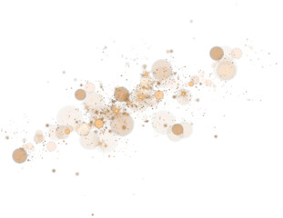 Glowing golden bokeh circles. Christmas background. Powder. Magic shining gold dust. Fine, shiny dust bokeh particles fall off slightly. Fantastic shimmer effect. PNG.