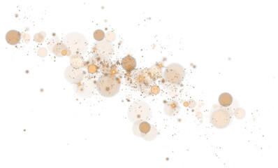 Glowing golden bokeh circles. Christmas background. Powder. Magic shining gold dust. Fine, shiny dust bokeh particles fall off slightly. Fantastic shimmer effect. PNG.