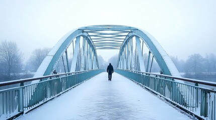 Fototapeta premium Solitude on a Snowy Bridge: A Winter's Walk in a Peaceful Landscape. The scenic view of a person walking across a snow covered bridge on a cold winter day.