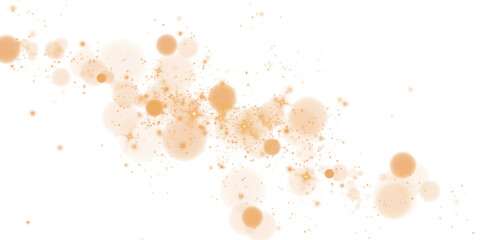Glowing golden bokeh circles. Christmas background. Powder. Magic shining gold dust. Fine, shiny dust bokeh particles fall off slightly. Fantastic shimmer effect. PNG.