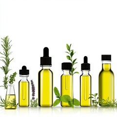 Assortment of Aromatic Essential Oils with Fresh Herbal Ingredients