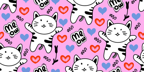 Cat seamless pattern with paw prints and letters. Animal print for textile. Pet print about love. Cat love, cat couple, Meow lover.