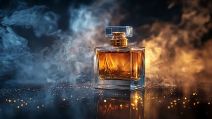 Luxury perfume bottle with golden liquid and smoky background reflection on a dark surface
