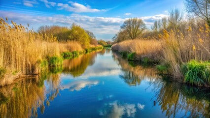 Obraz premium Sunny day reflection on Coppermill Streak Path in Walthamstow Wetlands with reeds and aquatic plants, serene atmosphere, streak, walthamstow wetlands