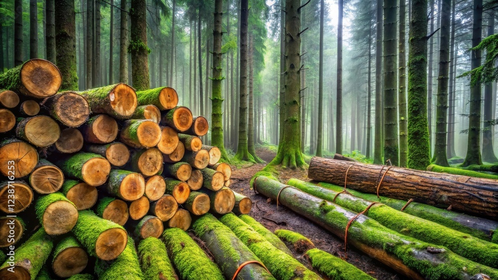 Poster misty forest logging stacks of mossy logs resting amidst tall, verdant trees