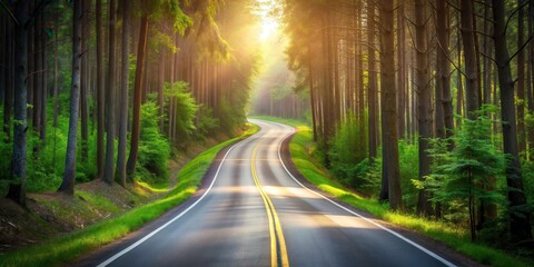 Obraz premium Serene Winding Road Through a Sunlit Forest at Dawn