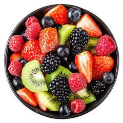 Obraz premium Fresh fruit salad featuring strawberries, blueberries, raspberries, blackberries, and kiwi, arranged beautifully in black bowl, perfect for healthy snack or dessert