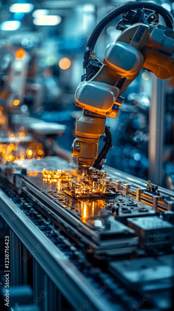 Poster a robotic arm works diligently to assemble delicate electronic circuits on a production line, illumi