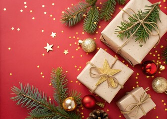Obraz premium Golden stars sparkle on Christmas gift boxes, bokeh, and tree branches.