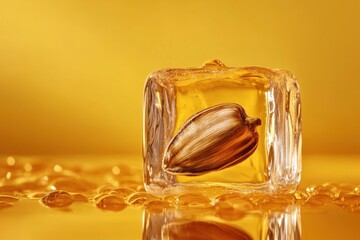 Sunflower seed encased in golden ice cube