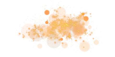 Glowing golden bokeh circles. Christmas background. Powder. Magic shining gold dust. Fine, shiny dust bokeh particles fall off slightly. Fantastic shimmer effect. PNG.