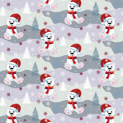 Bears in red Santa hats.Vector seamless pattern with polar bears in Santa hats on a colored background with fir trees and snowflakes.