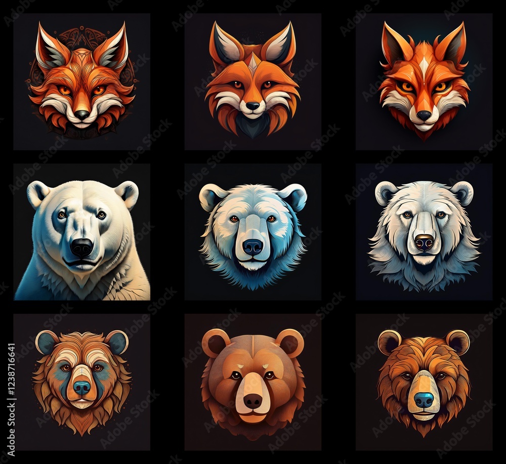 Poster nine stylized animal portraits: three foxes and three polar bears and three brown bears, each in a s