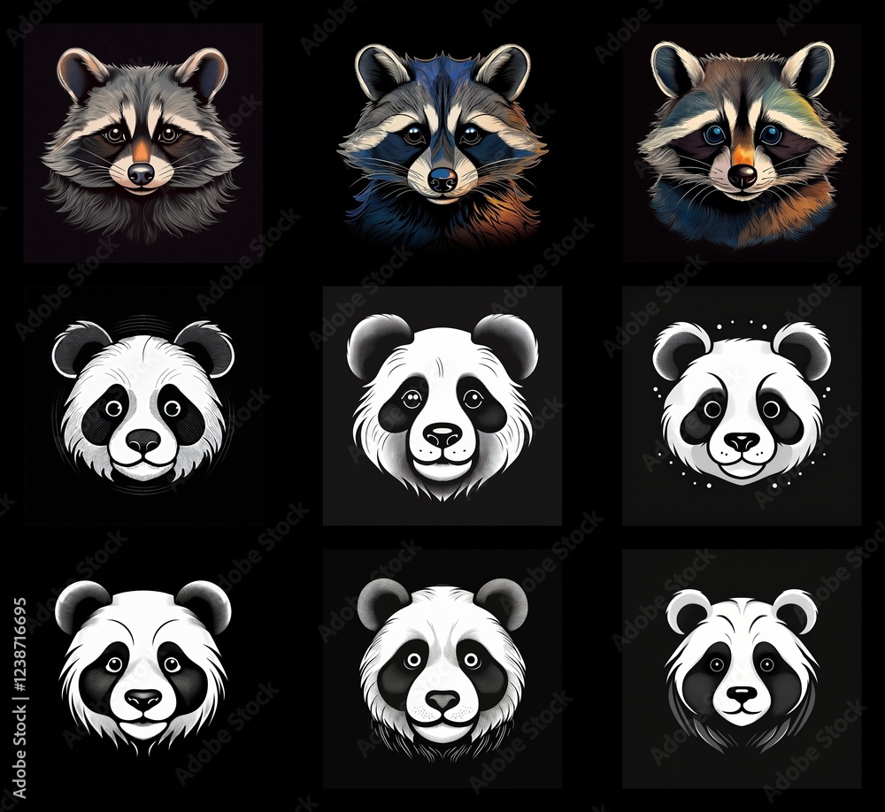 Poster a digital art collection showcasing variations in color and style of raccoon and panda portraits. ea