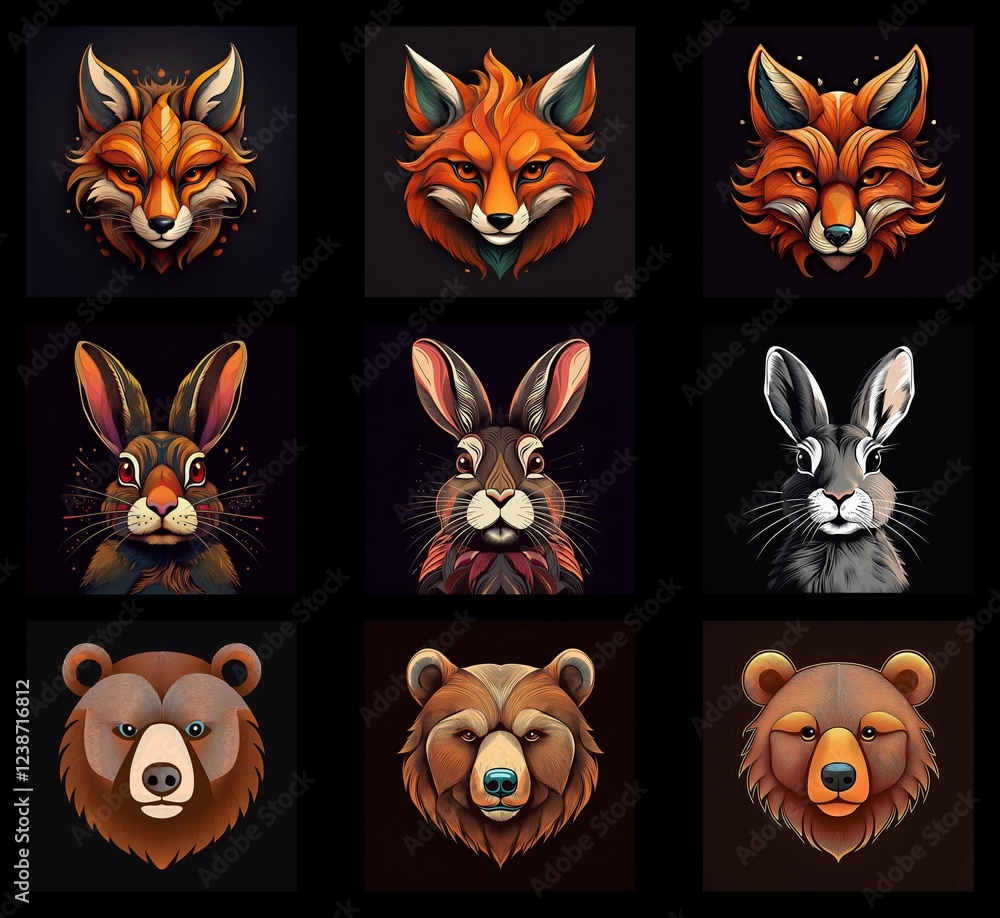 Poster a collection of stylized animal portraits. three variations each of foxes, rabbits, and bears are sh
