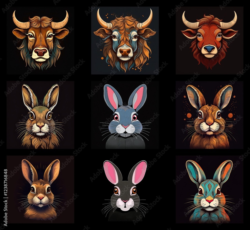 Poster nine stylized animal portraits: three bulls and six rabbits, each with unique coloring and subtle ba