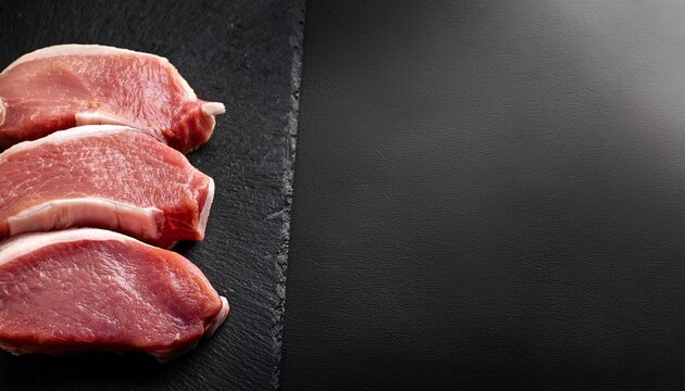 traditional  raw duroc pork fillet pieces supplied as close up on a black board with copy area
