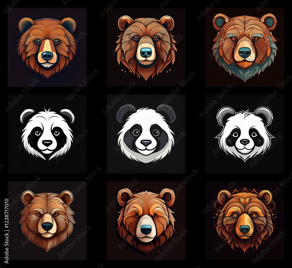 Poster nine stylized bear portraits: brown bears and pandas, displayed in a 3x3 grid. variations in color a