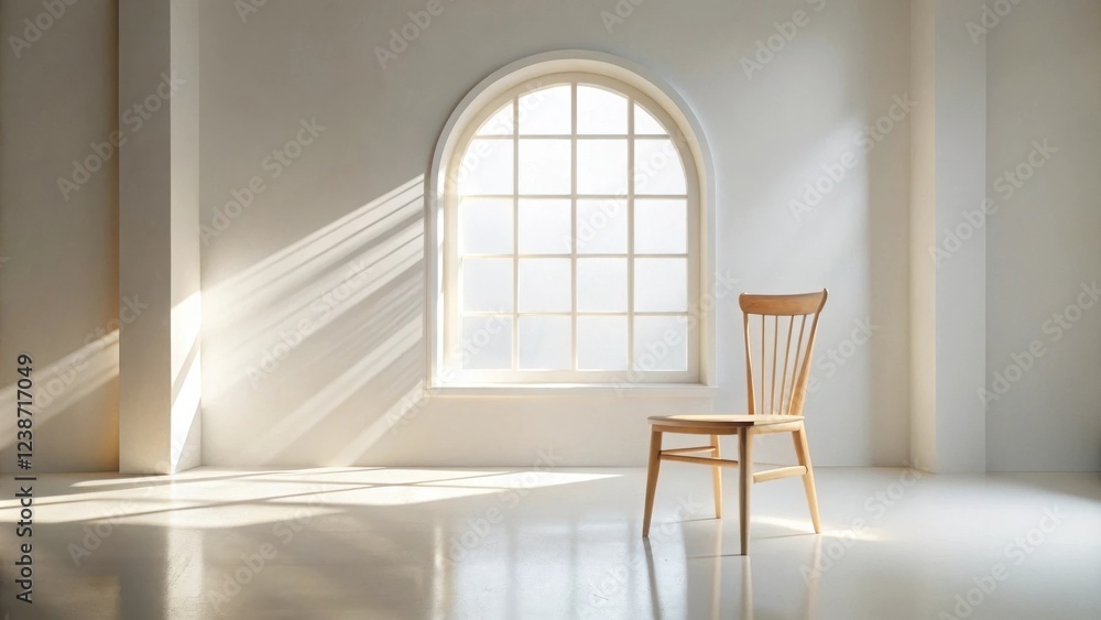 Aufkleber sunlight streams through an arched window illuminating a simple wooden chair in a minimalist room