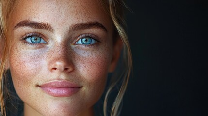 Fototapeta premium Close-Up Portrait of Beautiful Young Woman with Freckles and Bright Eyes