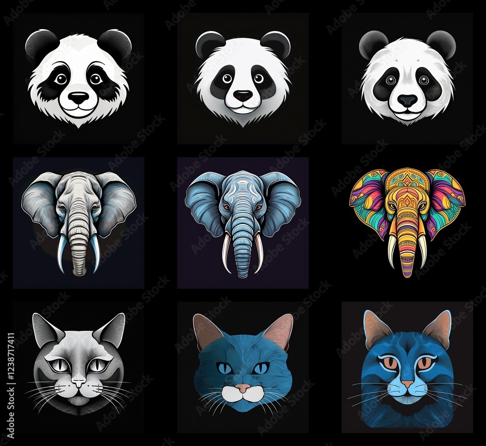 Poster nine animal portraits: panda, elephant, and cat. variations in color and style create unique depicti