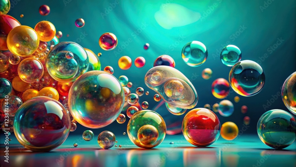 Poster a vibrant collection of iridescent spheres floats in a teal expanse, showcasing a spectrum of colors