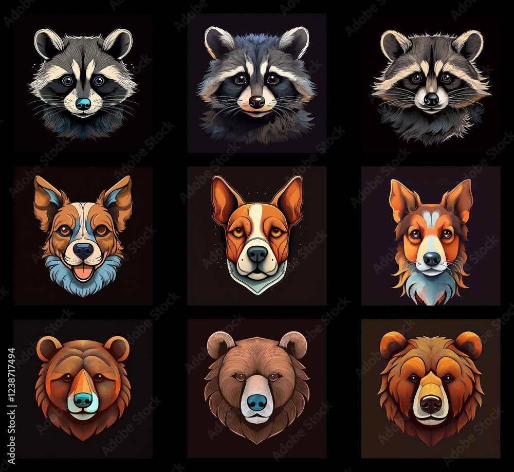 Poster a grid showcasing detailed portraits of raccoons, and corgis, and bears. each animal is presented in