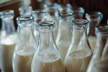 Milk production in glass bottles at a factory