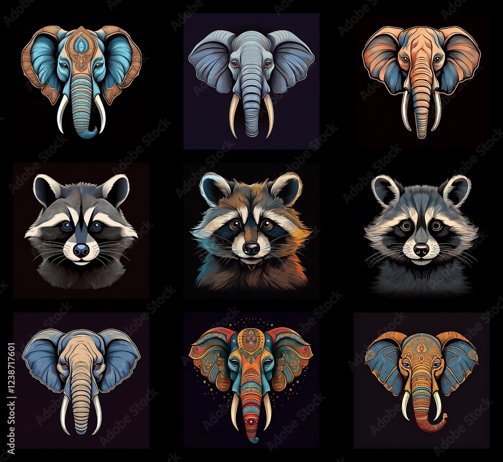 Poster a collection of intricately detailed elephant and raccoon portraits. each animal is depicted with a 
