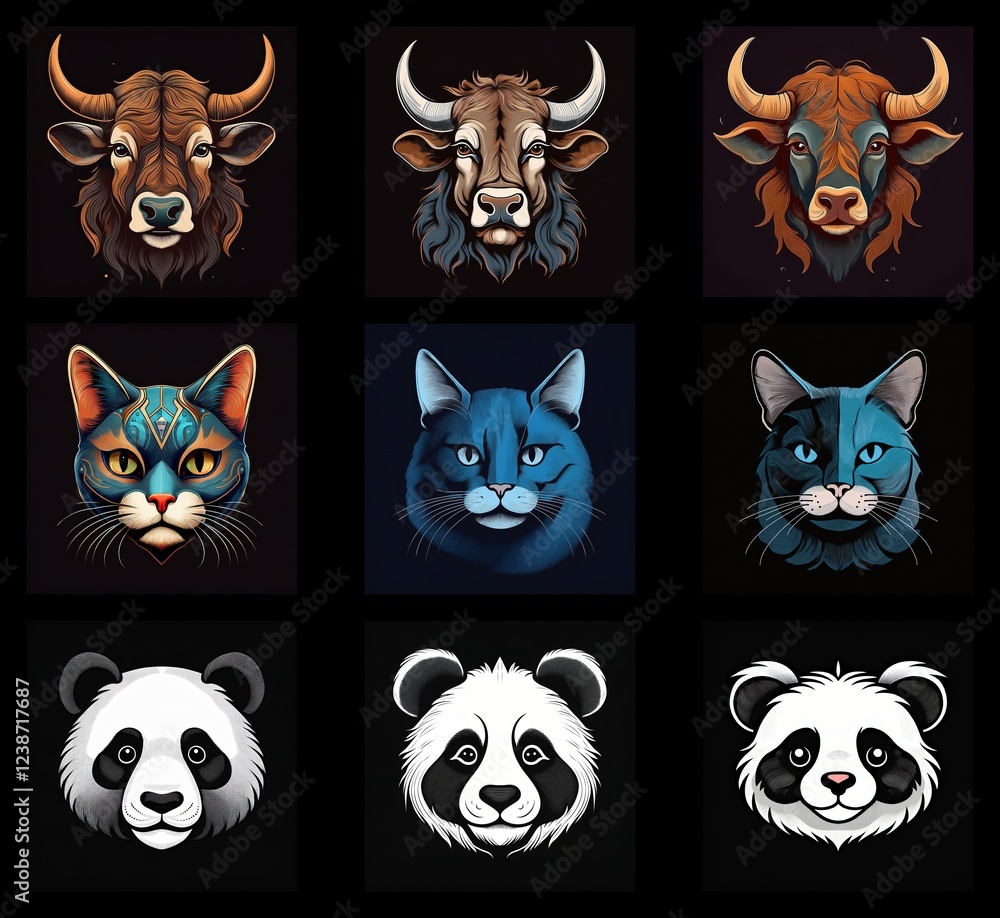 Fototapete nine vibrant animal portraits: three bulls, three cats, and three pandas. each animal's head is pres