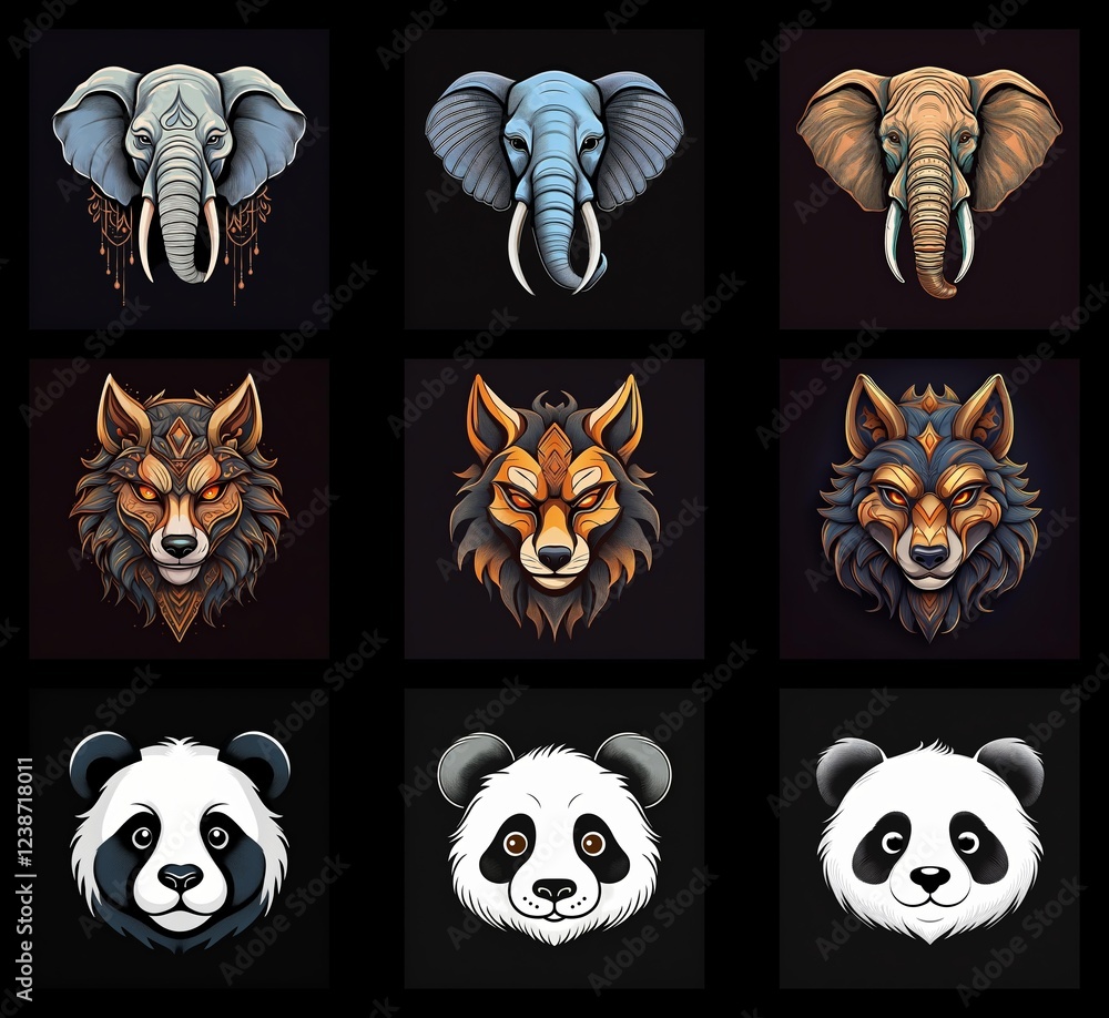 Poster a captivating grid showcasing stylized animal portraits: elephants, wolves, and pandas. each animal 