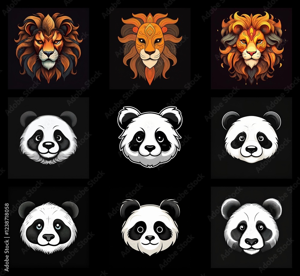Poster nine stylized animal portraits; three variations each of a lion and a panda. vibrant color palettes 