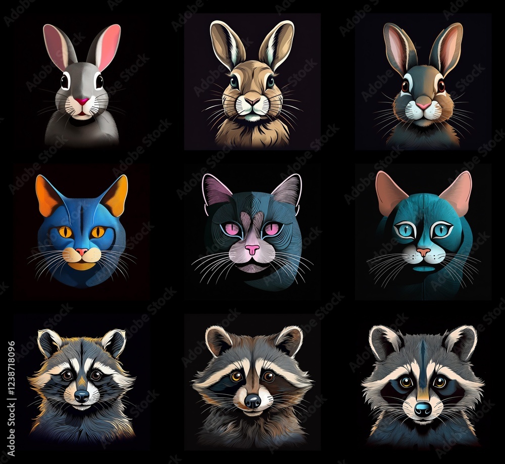 Poster nine stylized animal portraits: three rabbits, three cats, and three raccoons. each creature is depi
