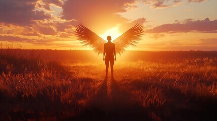 Freedom and Liberation Symbolized: A Contemplative Figure with a Bird-Shaped Shadow at Sunset - Generative AI