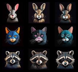Nine stylized animal portraits: three rabbits, three cats, and three raccoons.  Each creature is depicted in a slightly different color scheme against a dark background.  The style is sleek and modern