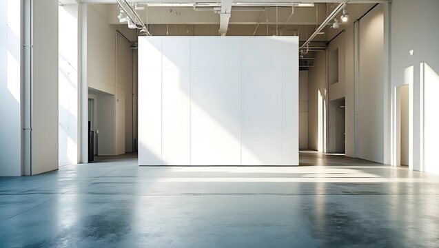 Blank white wall mockup in sunny modern empty gallery, 3d rendering. Clear big stand mock up in museum with contemporary art exhibitions.  