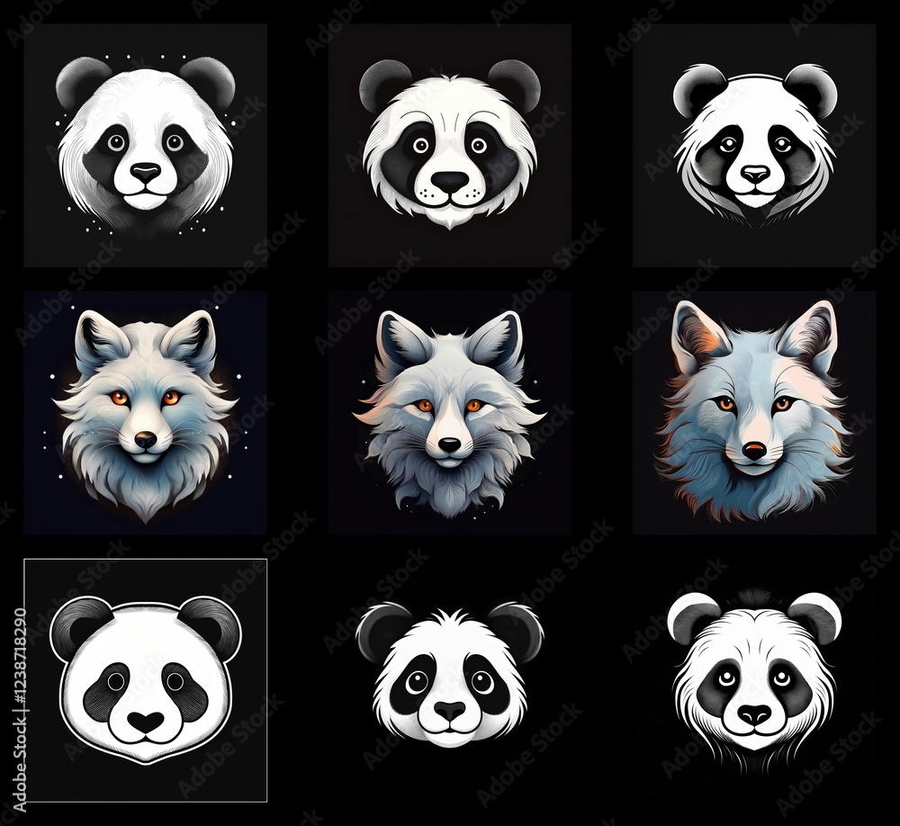 Poster nine stylized animal portraits: three variations each of a panda and an arctic fox. clean lines, dar