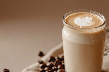 Latte Art in Glass Mug with Coffee Beans