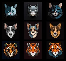 Fototapeta premium A collection of stylized animal portraits: cats, dogs, and tigers. Each head is presented in a square, against a dark background, creating a visually appealing grid. The illustrations are detailed a