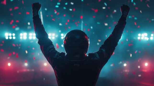 triumphant f1 driver silhouetted against stadium lights, arms raised in victory pose, dynamic motion trails and confetti, cyberpunk neon accents