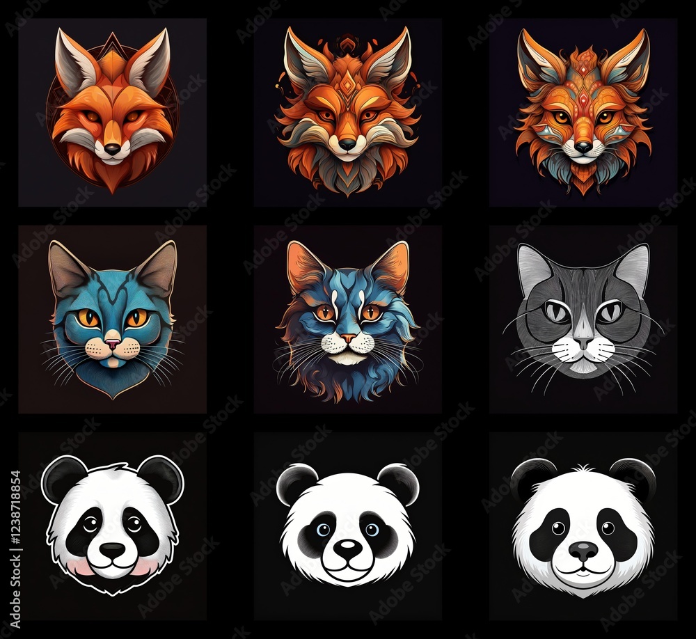 Poster nine stylized animal portraits: foxes, cats, and pandas, each depicted in varying color schemes and 
