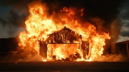 A large barn is fully engulfed in flames, showcasing intense fire engulfing the structure, creating a dramatic and destructive scene in the countryside.