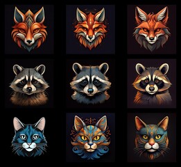 A collection of stylized animal portraits: foxes, raccoons, and cats.  Each portrait features rich colors and intricate details, set against a dark background.  The animals have a majestic, almost mys