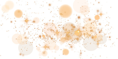 Glowing golden bokeh circles. Christmas background. Powder. Magic shining gold dust. Fine, shiny dust bokeh particles fall off slightly. Fantastic shimmer effect. PNG.